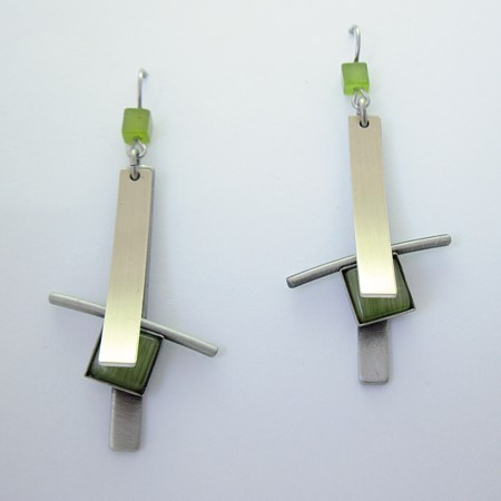 Long Brushed Two-tone Rectangle Earrings - Green Catsite - Click Image to Close